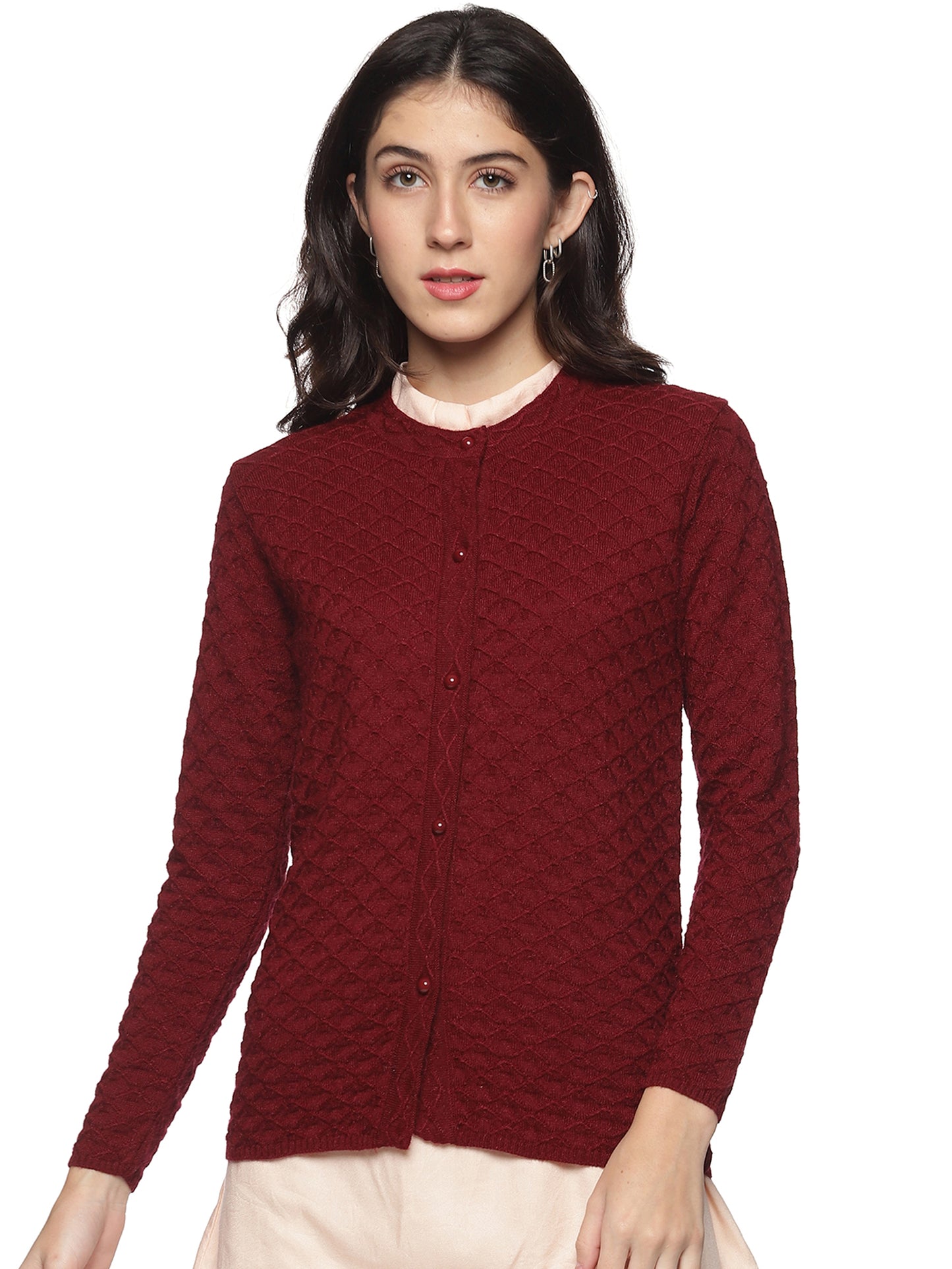 Wool Blend Round Neck Maroon Cardigans