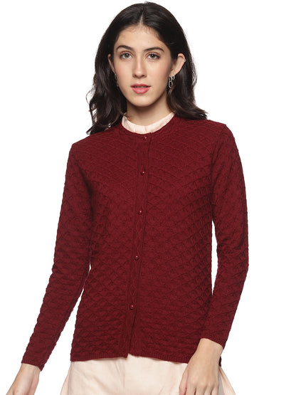 Wool Blend Round Neck Maroon Cardigans