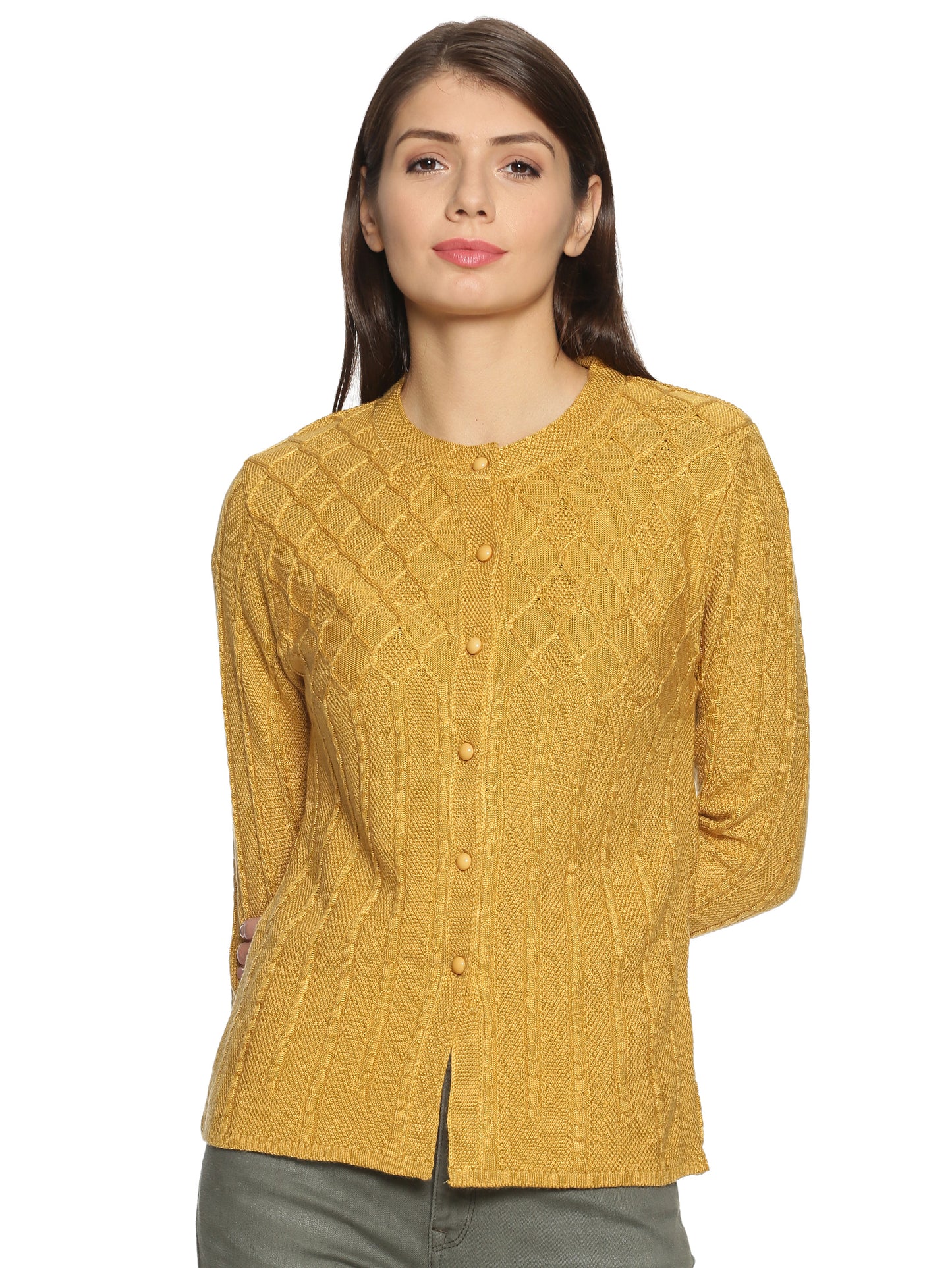 Wool Blend Round Neck Musturd cardigan