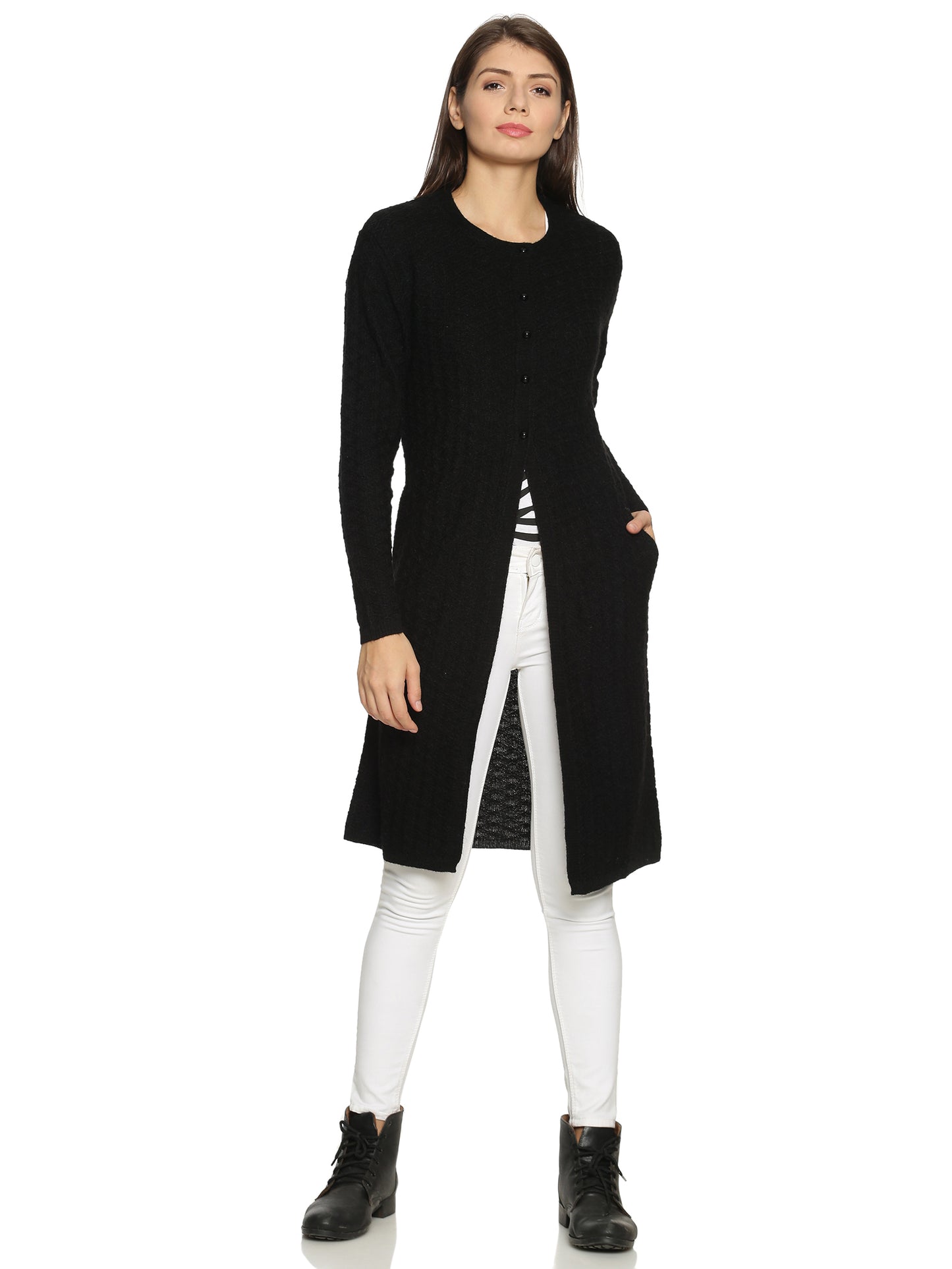 Wool Blend Round Neck Black Extra long Shrug