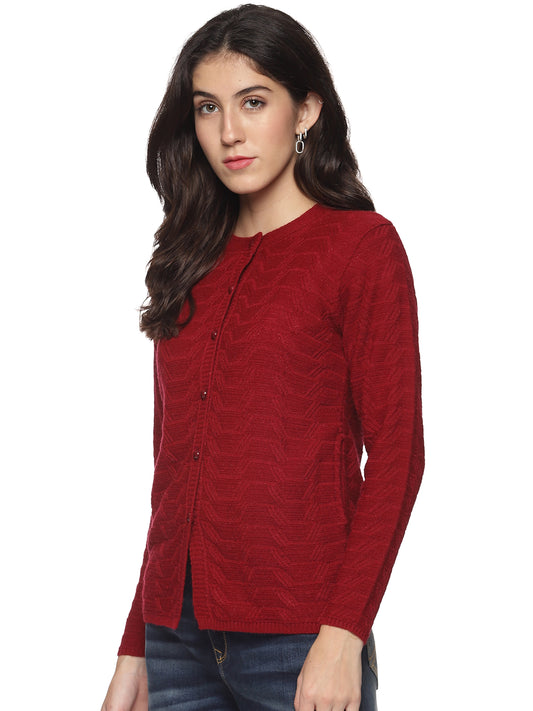 Wool Blend Round Neck Maroon Cardigans