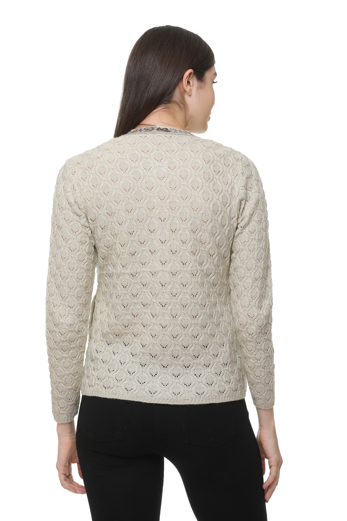 Wool Blend Round Neck Beige cardigan