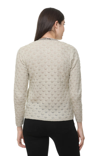 Wool Blend Round Neck Beige cardigan