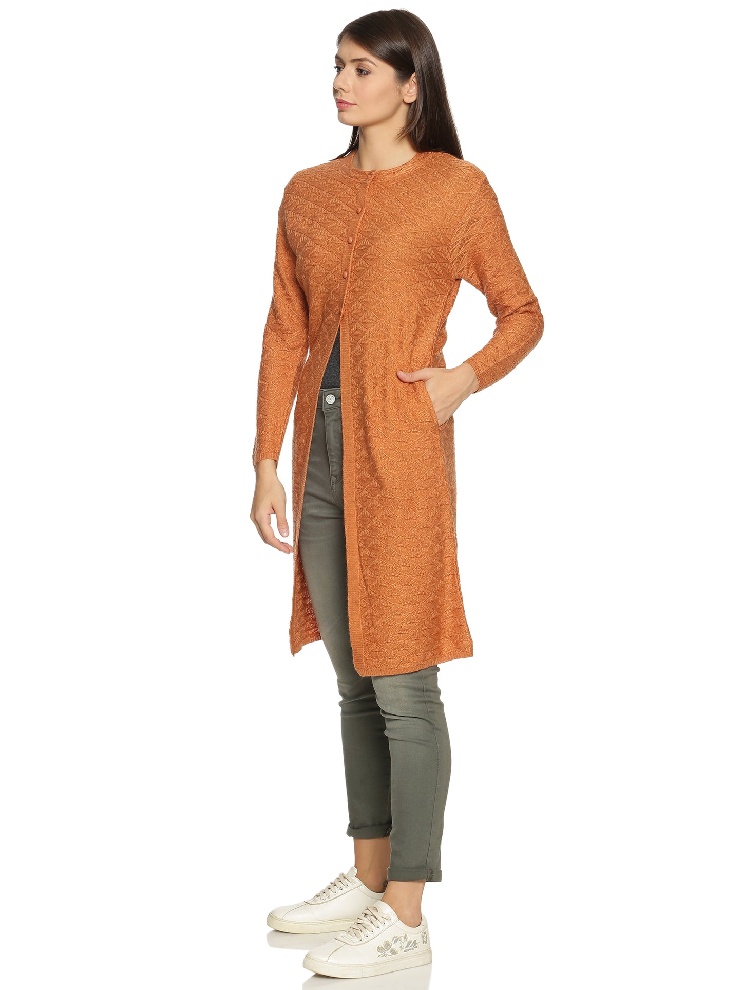 Clapton Acrylic Blend Round Neck Full Sleeve Casual Solid Winter Wear Cardigans For Women Saffron