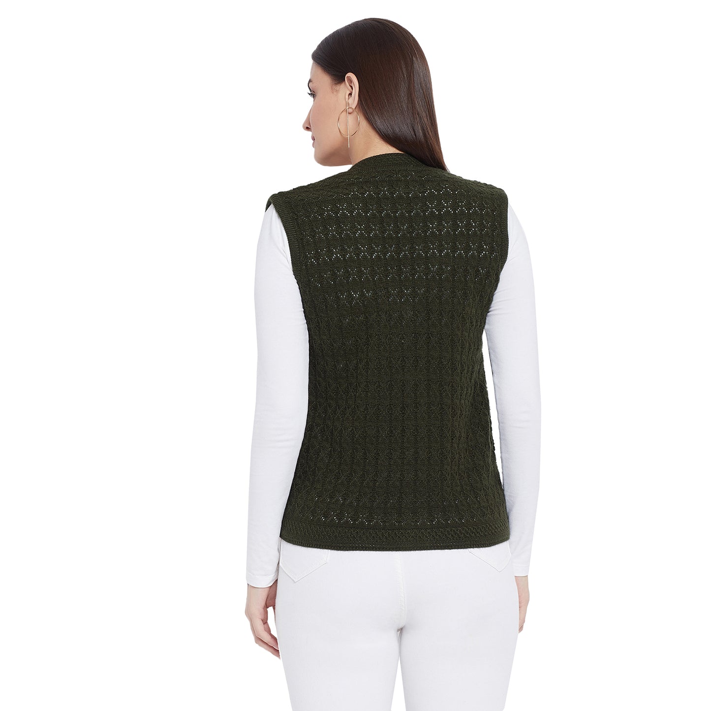 Wool Blend V Neck Half Sleeve Mehndi cardigan