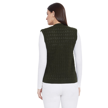 Wool Blend V Neck Half Sleeve Mehndi cardigan