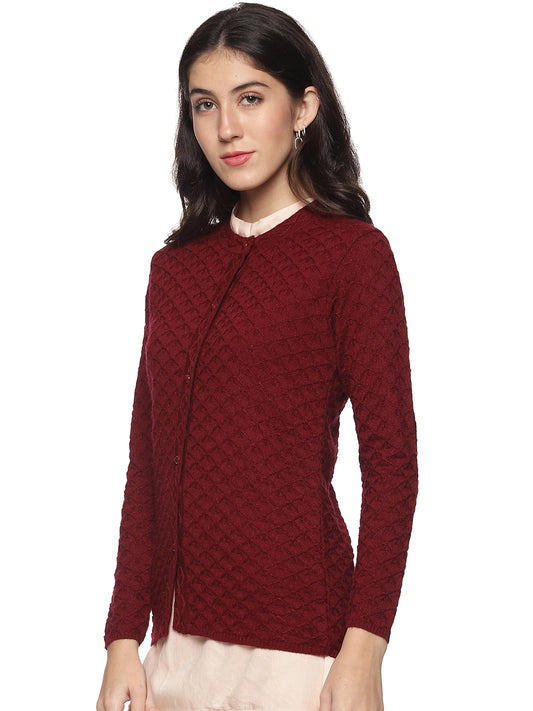 Wool Blend Round Neck Maroon Cardigans