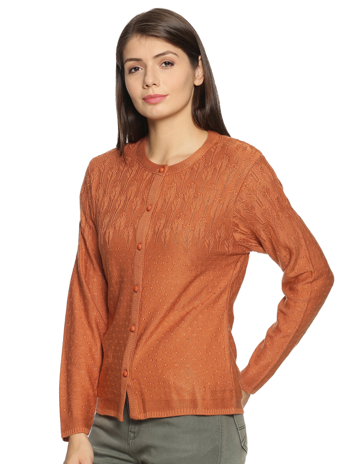 Clapton Acrylic Blend Round Neck Full Sleeve Casual Solid Winter Wear Cardigans For Women Orange
