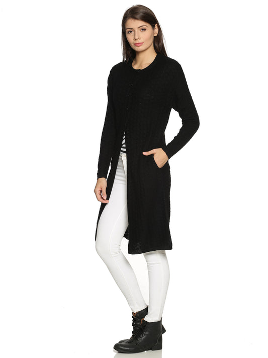 Wool Blend Round Neck Black Extra long Shrug