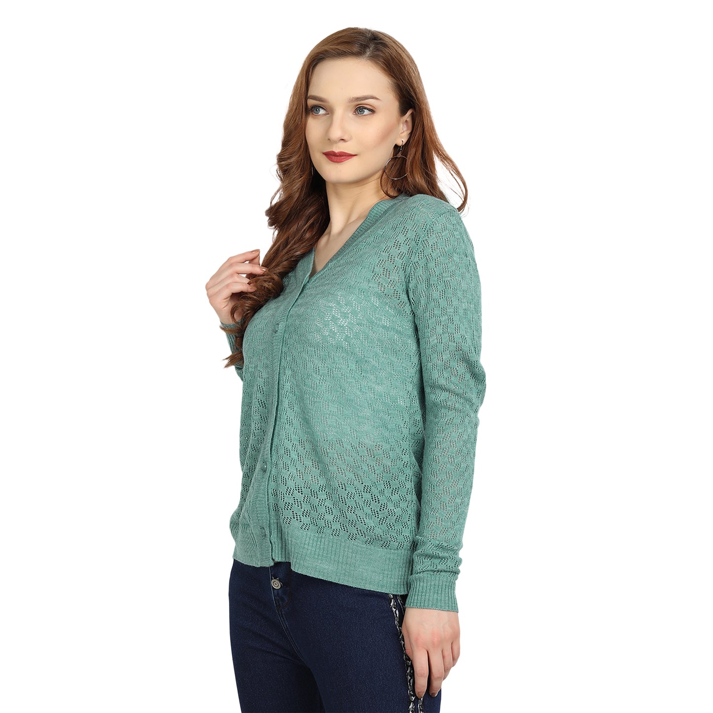 Clapton Acrylic Blend V Neck Full Sleeve Casual Solid Winter Wear Cardigans For Women Mint