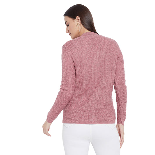Wool Blend Round Neck Pink Cardigans