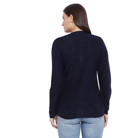 Wool Blend Round Neck Navy Cardigans