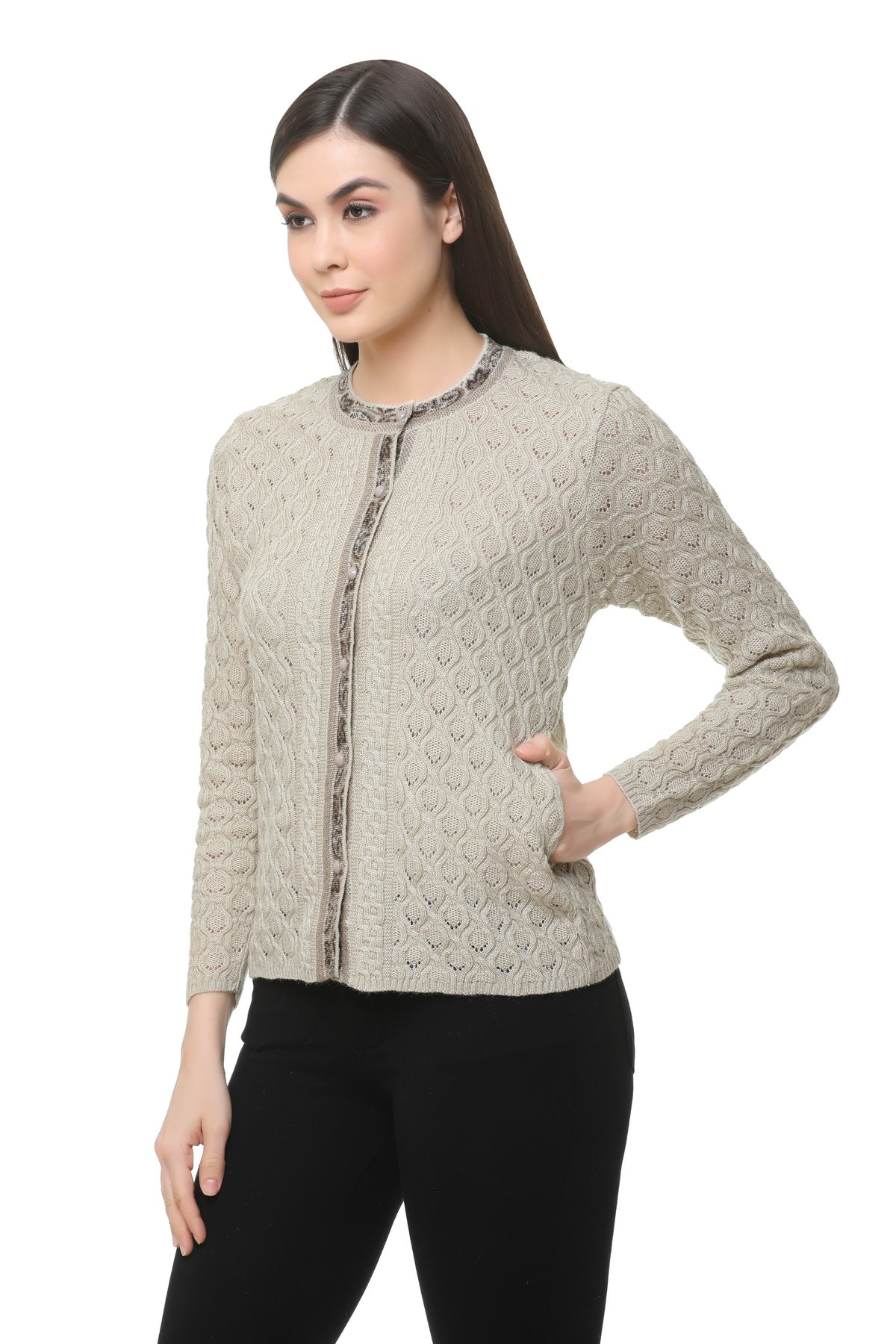 Wool Blend Round Neck Beige cardigan