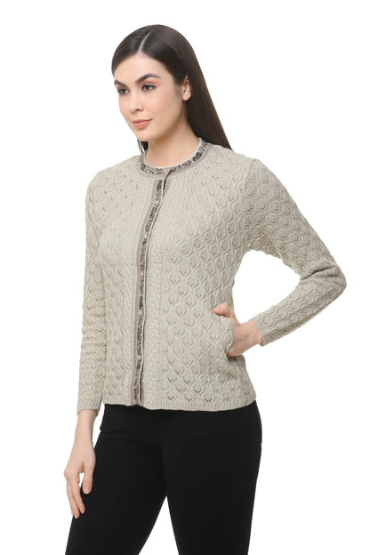 Wool Blend Round Neck Beige cardigan
