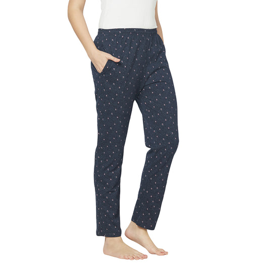 Women's Cotton Blend Solid Printed  Navy Pajama