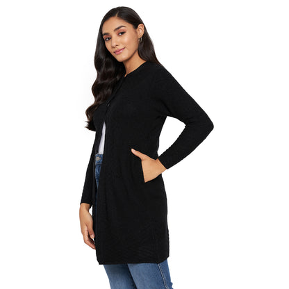 Wool Blend Round Neck Black Long Shrug