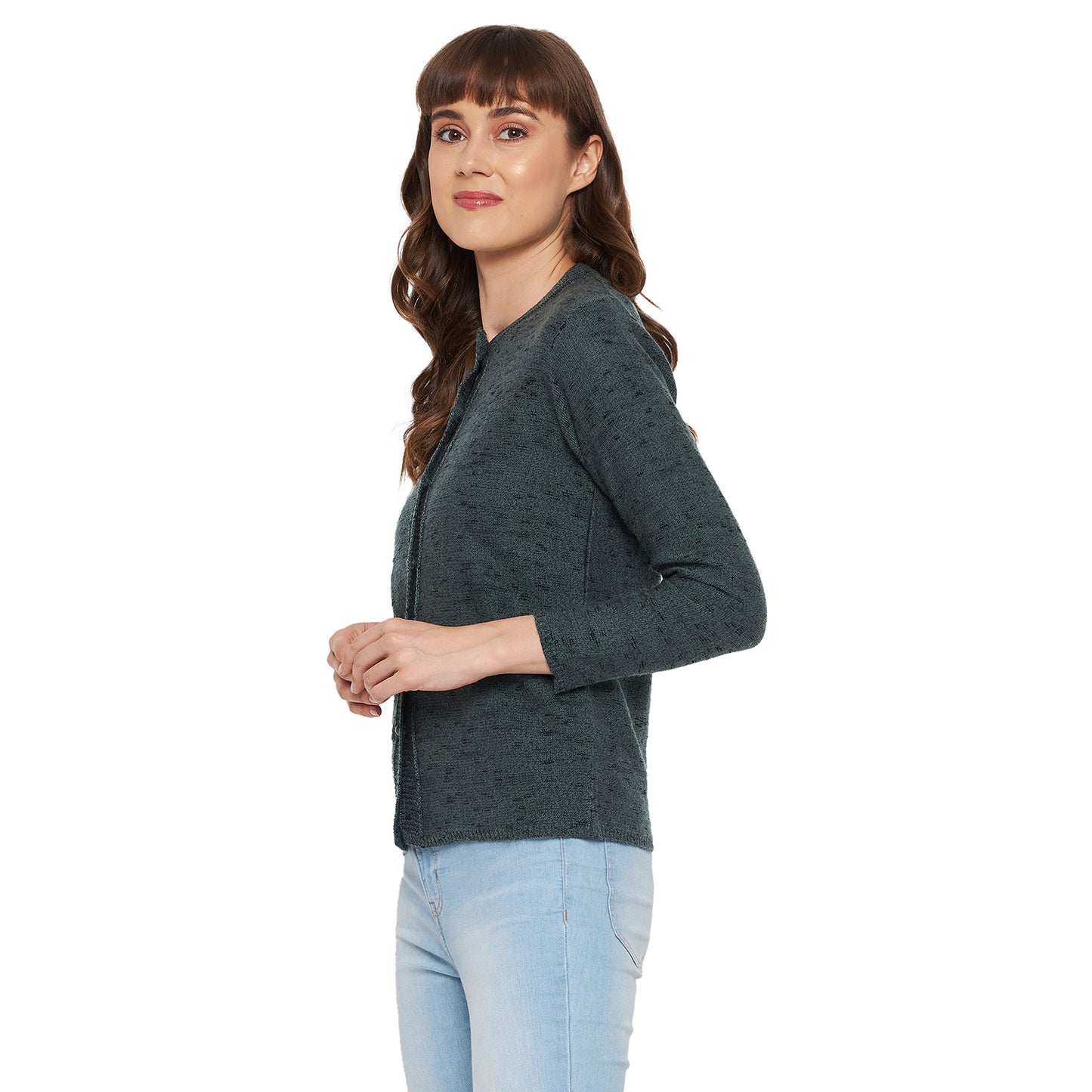 Wool Blend Round Neck Full Sleeve Steel Grey Cardigans