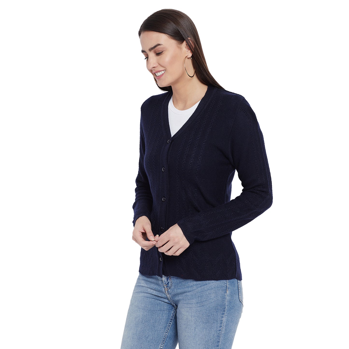 Wool Blend Round Neck Navy Cardigans