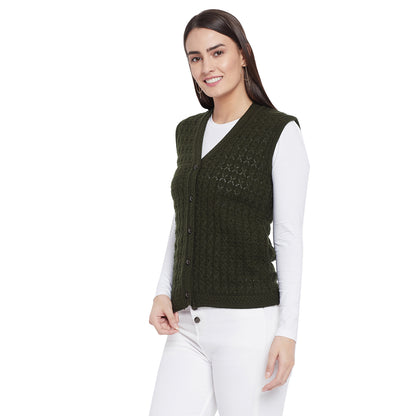 Wool Blend V Neck Half Sleeve Mehndi cardigan