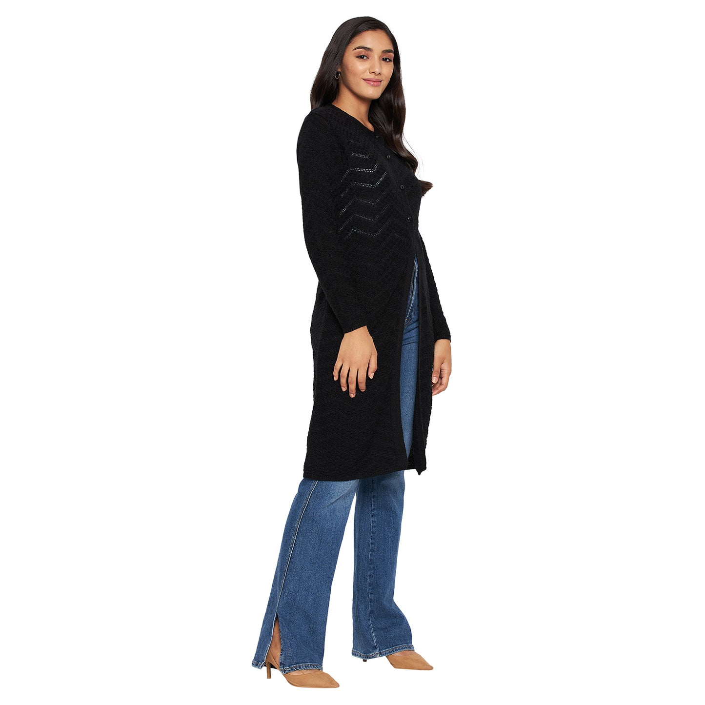 Wool Blend Round Neck Black Extra long Shrug