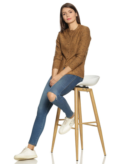 Wool Blend Round Neck Full Sleeve Dark Brown Cardigans