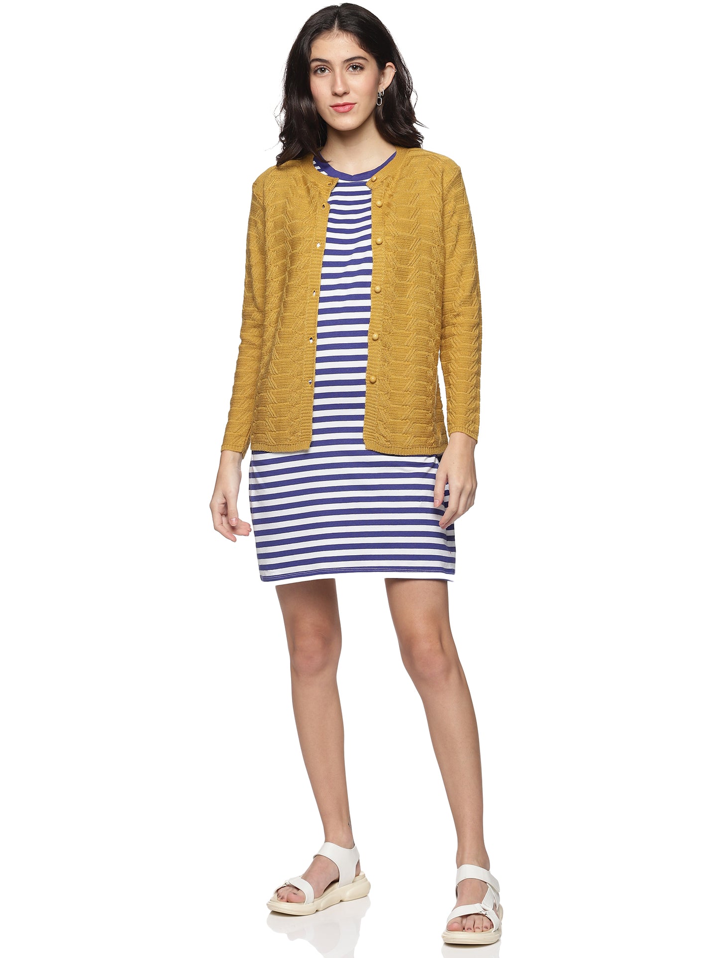 Wool Blend Round Neck Gold Cardigans