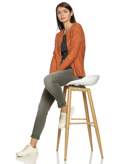 Wool Blend Round Neck Orange cardigan