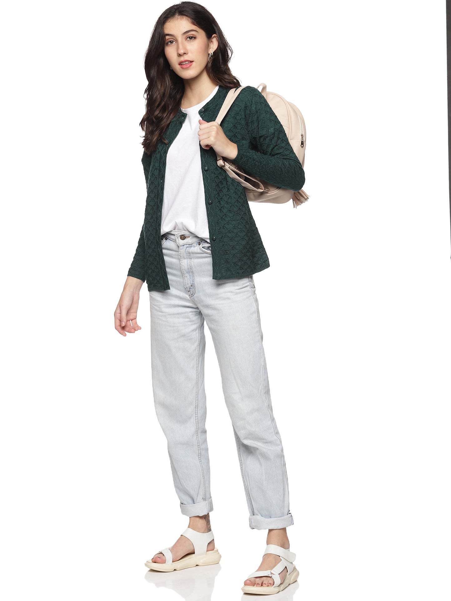 Wool Blend Round Neck Green Cardigans