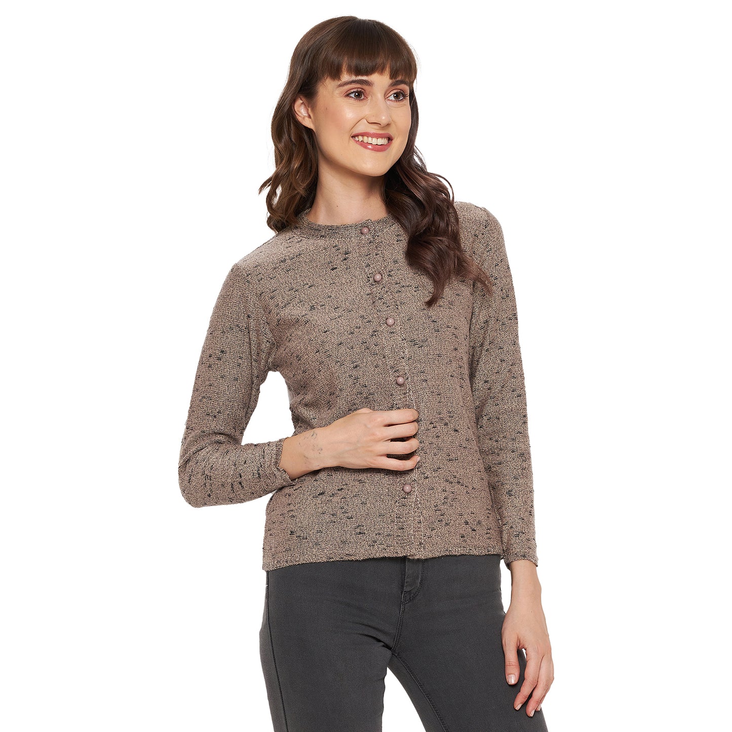 Wool Blend Round Neck Full Sleeve Camel Cardigans