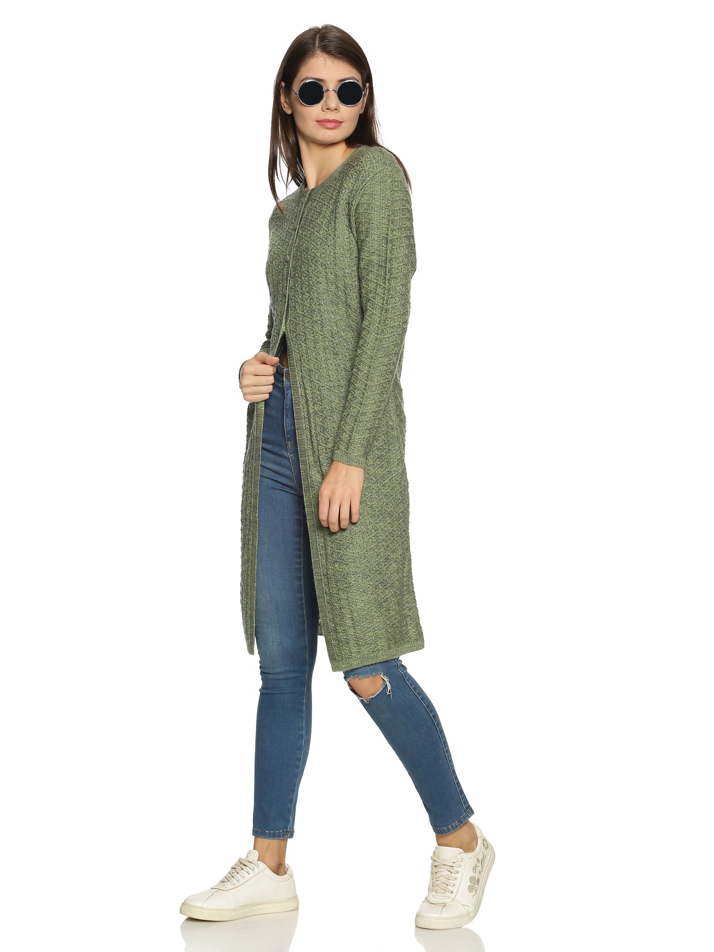 Wool Blend Round Neck Green Extra long Shrug