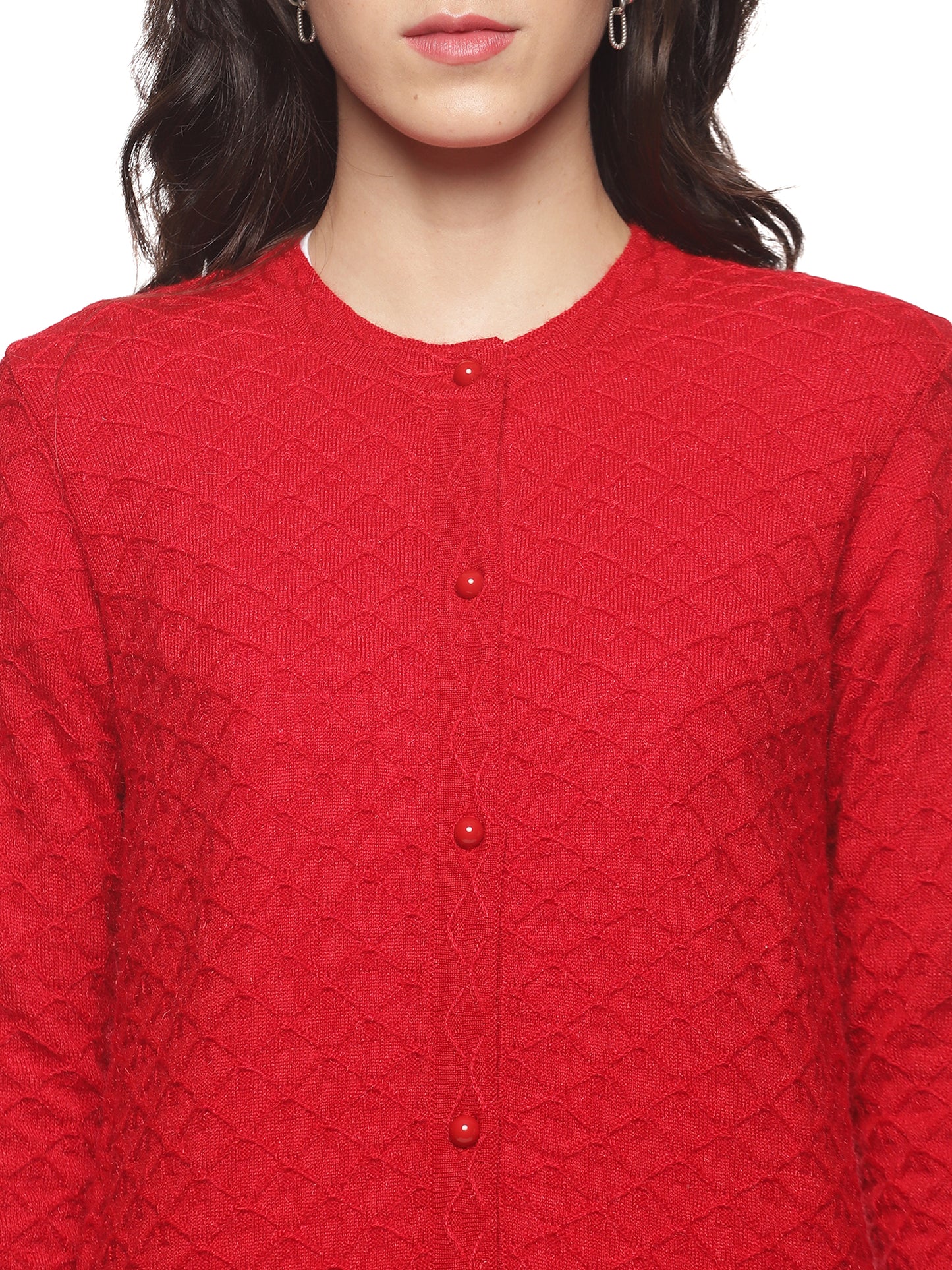 Wool Blend Round Neck Red Cardigans