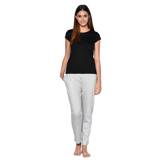 Women's Cotton Blend Solid Printed Grey Pajama