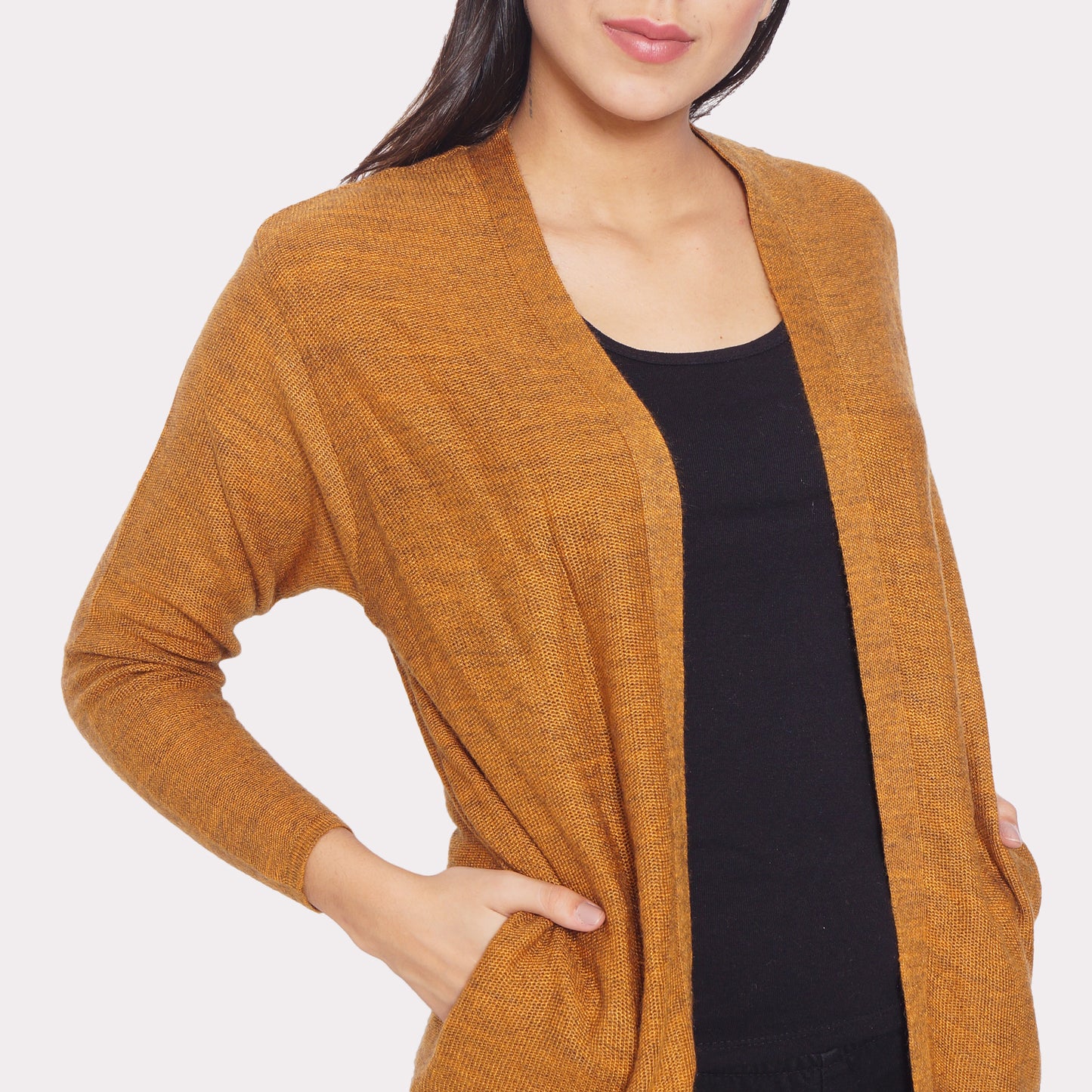 Wool Blend Round Neck Gold Long Shrug