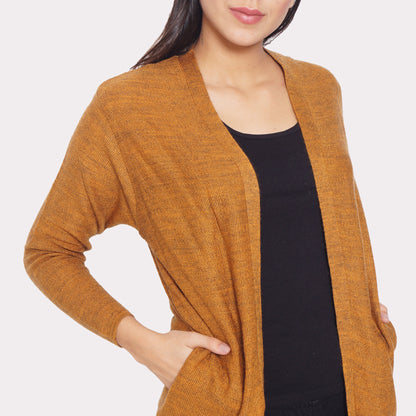 Wool Blend Round Neck Gold Long Shrug