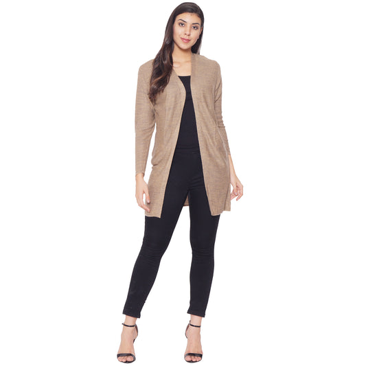 Wool Blend Round Neck Camel Long Shrug