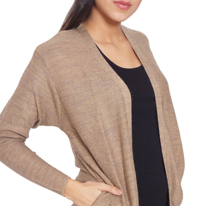 Wool Blend Round Neck Camel Long Shrug