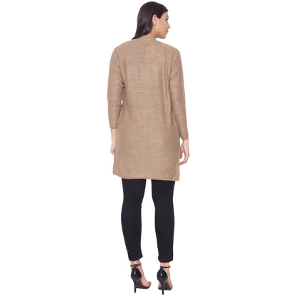 Wool Blend Round Neck Camel Long Shrug