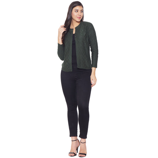 Clapton Acrylic Blend Round Neck Full Sleeve Casual Solid Winter Wear Cardigans For Women Green